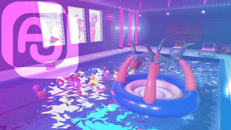 A screenshot of the pool with various floating objects and a large pool float on it. There are chairs and glowing images on the sides of the pool. The "Authentic Fun" logo is overlaid on top.