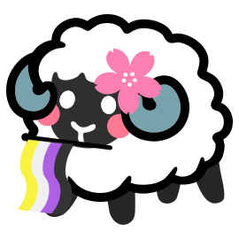 Custom Emoji icon - a black sheep with white wool, blushing, wearing a flower on its head, and holding a non-binary pride flag in its mouth.