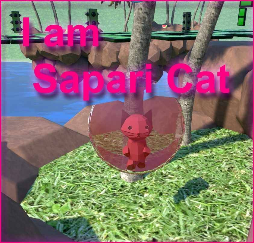 an "affirmation" style screenshot of the game Tower Unite featuring the SAPARi cat avatar inside a marble, captioned in big pink words "I am Sapari Cat". the SAPARi cat is a low-poly pink cat with black accents on the ears, paws, and tail.