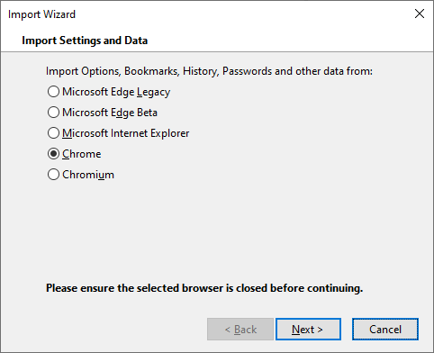 A screenshot of the Firefox import wizard, which lets you import Options, Bookmarks, History, and Passwords from other browsers, such as Google Chrome.