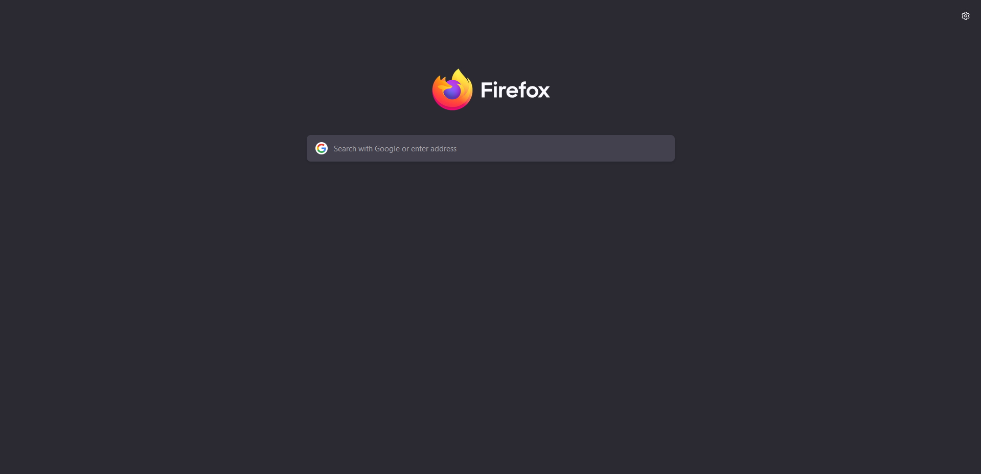 A screenshot of the Firefox "new tab" page. It is empty except for the Firefox logo, a search bar, and a tiny "settings" icon.