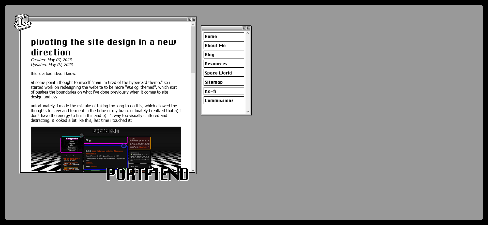 Screenshot of the Hypercard theme for Portfiend, evoking the visuals of the 1980s MACOS program Hypercard.