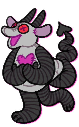 full-body art of Eleonore ("Lore"), an anthropomorphic, gray felt arm puppet with a snout, floppy ears, black horns, and red button eyes. she has a baggy open torso with a pink heart shape pattern, black arms and legs, and a long tail with a heart-shape tip