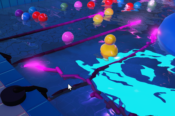 Screenshot of various floating objects in the pool - glowing chains, rubber ducks, and plastic balls.