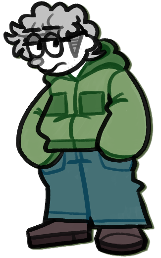 full-body art of Simon Aalders, a human stylized as having white skin, light gray undercut hair with a darker gray shave, and round glasses. he is wearing a green jacket, jeans, and purple-ish brown boots.