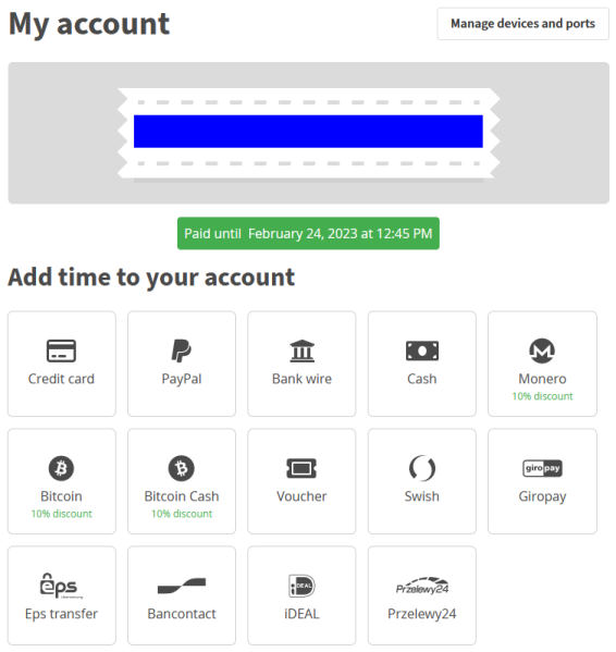 A screenshot of Mullvad's "account" page, showing the listed features.