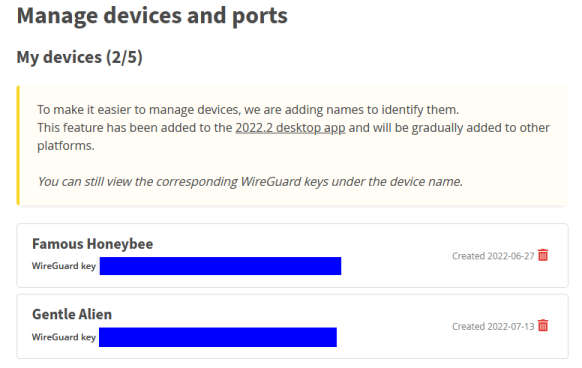 The Mullvad "manage devices and ports" page, showing two connected devices to the VPN. They have anonymizing names, "Famous Honeybee" and "Gentle Alien".