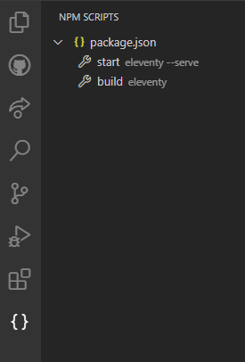 a screenshot of Visual Studio Code. it's showing the sidebar full of navigation icons. an icon that looks like two braces {} are highlighted. inside the tab it's showing a file named "package.json", with the scripts "start" and "build" listed under it