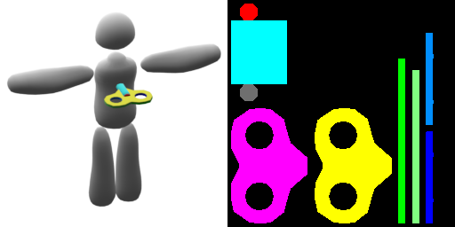 A wind-up key model render next to its texture. The key is made of a complex, extruded flat shape and a cylinder-like subdivided cube.
